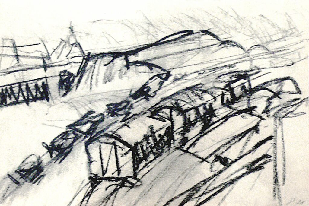 Sketch in charcoal lines on paper of train tracks in the old East harbor area of Amsterdam, I made this drawing in 1988 as inspiration for my paintings then. Free art image of my crayon drawing art - Fons Heijnsbroek