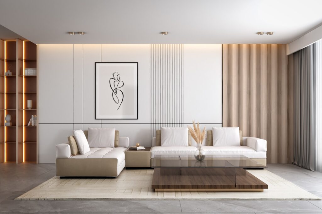 a room with a couch and a table