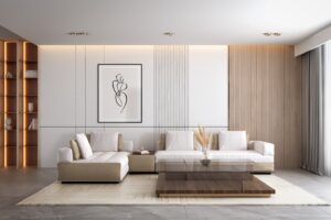 a room with a couch and a table